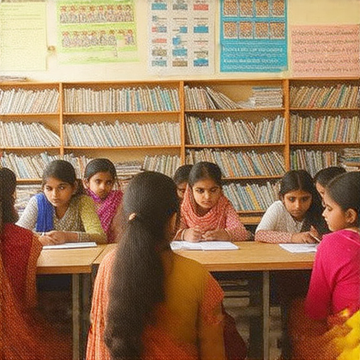 孟加拉學生在學習英文的教室內，書籍與文化交流展示，反映出孟加拉的多樣性與英文學習的重要性，背景中有文化活動的海報與社交互動的場景。