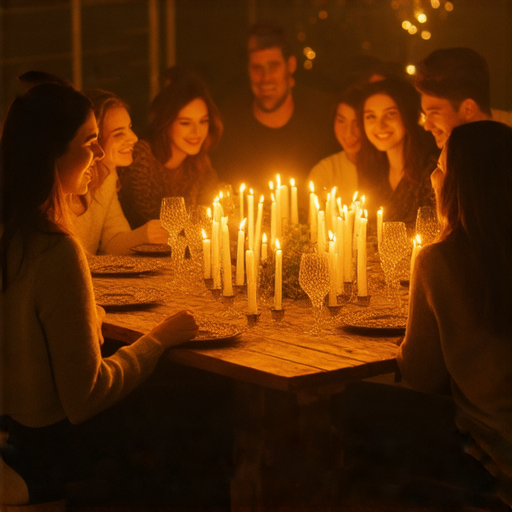 停電時的陪伴，朋友們圍坐在一起，點著蠟燭分享故事，營造溫暖的氛圍，畫面展現了停電時的親密和友情。