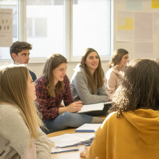 學習催促與適應的英文表達技巧，提升溝通能力的圖片，展示學生在課堂上互動，手持筆記本和教材，專注於討論與分享，強調語言學習的重要性和有效溝通的策略。
