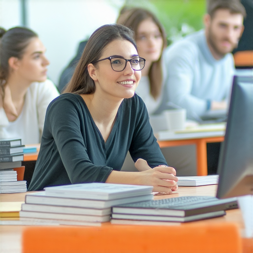 一名專業人士正在參加提升職場競爭力的商務英語課程，畫面中顯示教室環境、學習材料及互動交流，突顯學習效果和關鍵技能，幫助職場人士提升競爭力。