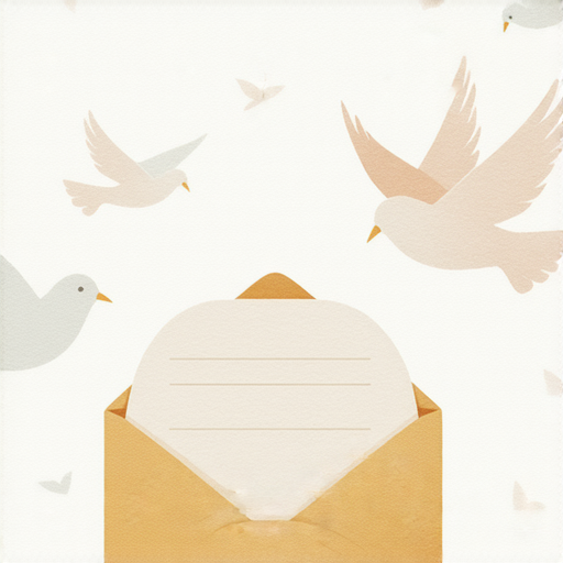 謎語內容展示圖片，以小巧圓形的郵件為主題，背景包含飛翔的信鴿象徵天上傳信，搭配詼諧文字吸引注意，闡述郵件的特性與意義。