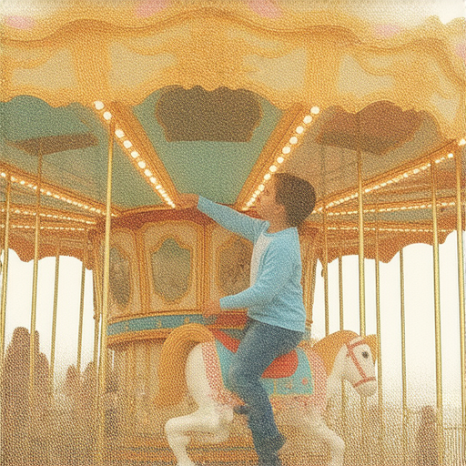 旋轉木馬上的外籍英文老師與學生互動，一對一教學場景，展現學習的樂趣與奇幻旅程，老師指導學生，背景為繽紛的旋轉木馬，激發學習興趣。