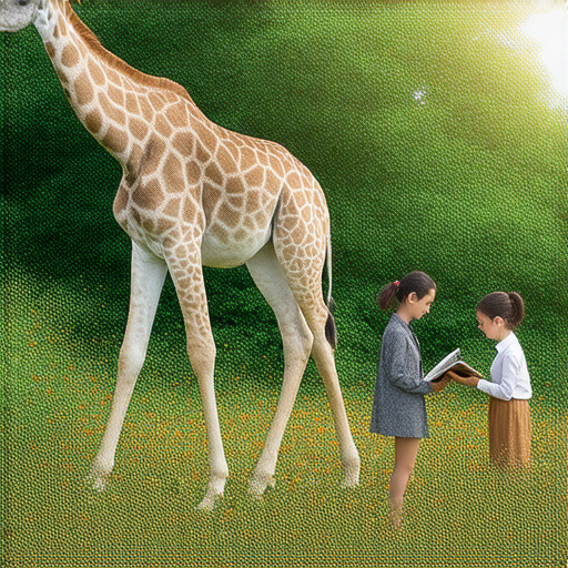 長頸鹿在自然環境中優雅地行走，外籍老師與學生一起探索語言的奇妙世界，歡迎學習英文，發現語言之美與文化多樣性。