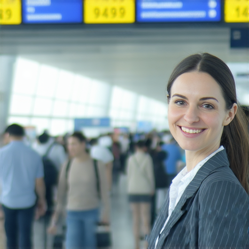 一位外籍英文老師在羽田機場導覽，分享學英文的小技巧與秘密，背景展示機場的繁忙景象，吸引旅客輕鬆學習英文。