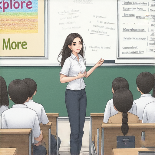 外籍老師課堂上學會英文縮寫的學生，學習氛圍熱烈，學生專心聽講，海報上寫著探索更多的字樣，激勵更多學生報名課程，提升英語能力，脫穎而出。