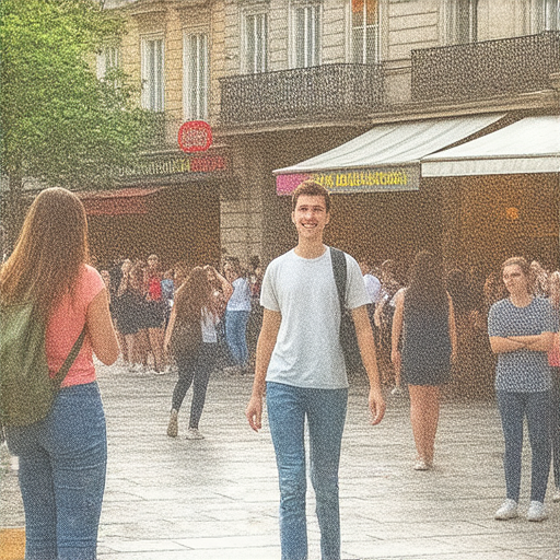 外籍英文老師帶領學生在行人路上探索語言的奧秘，學生們專注學習，互動交流，周遭環境充滿活力，展現學習新語言的樂趣和機會。