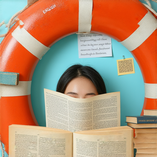 救生圈象徵學習英文的過程，圖片展示一位學生在探索語言的過程中，透過英文課本與互動工具，打破語言障礙，開啟全新學習之旅，提升自信與溝通能力。