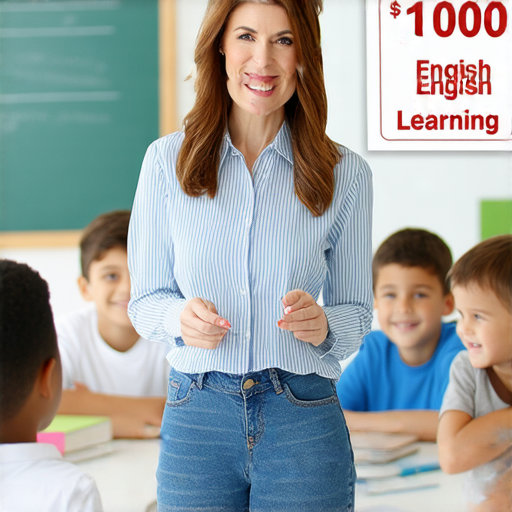 外籍老師指導學生學習英語的場景，學生面帶微笑，自信開口說英文，背景顯示低於1000元的價格標籤，強調輕鬆學習英語的驚喜優惠。