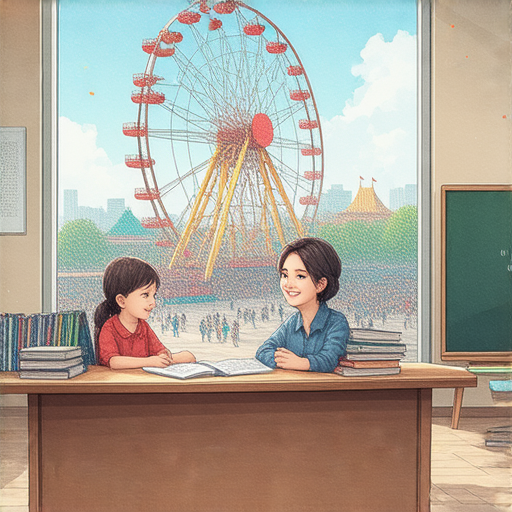 一名外籍老師正與學生進行一對一的英語教學，背景為摩天輪象徵學習的高峰，強調提升英文能力的樂趣與效果。