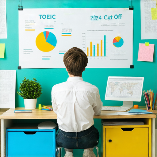 一名外籍老師與學生進行一對一英語輔導，背景有TOEIC考試相關資訊和2024 Cut Off 分數，展現高效學習氛圍，幫助學生突破TOEIC分數。