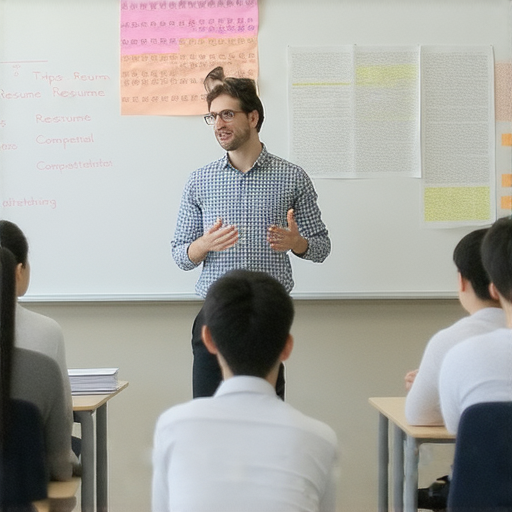 外籍老師在教室中指導學生備考商業英檢，書桌上擺放著相關教材和筆記，學習氛圍輕鬆，強調提升履歷競爭力的備考秘訣。