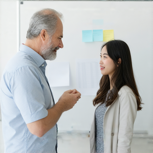 外籍老師一對一指導商務英語，提升職場競爭力的教學畫面，專注於學習者與老師互動，展現專業學習環境。