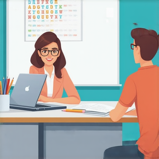 外籍老師與學生一對一教學場景，專注於提升商務英語能力，展現職場新篇章的啟程。圖片包含字母表和助學工具，強調個性化學習的效果。