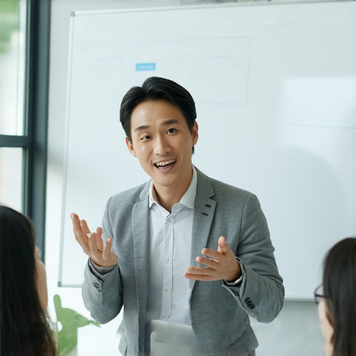 一位外籍老師與學生進行一對一的英語會話練習，專注於商務英語的溝通技巧，幫助學生掌握英語，開啟職場新機會，提升職場競爭力。