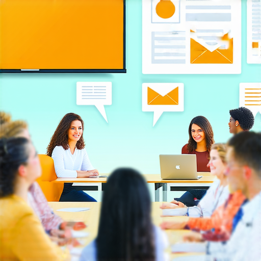 一對一外籍英文教學，提升商務郵件表達能力的學習場景，強調自信溝通和商業潛能解鎖，背景包含教學互動的元素，適合各行業專業人士。