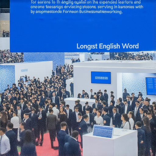 最長的英文單字展示，背景為會議和會展場景，強調英文學習及外籍老師一對一教學服務，邀請大家探索英文與會務的奧秘。