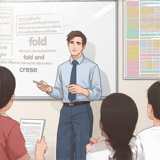 外籍老師在課堂中教導學員高效溝通技巧，強調對折與對摺的英文用法，學生專注聆聽，提升語言能力與溝通能力，增加學習效果。