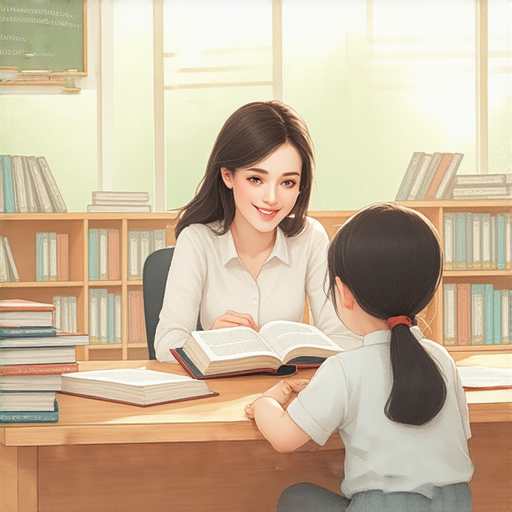 與外籍老師一對一學習英文，學生專注於知識探索，周圍環境明亮舒適，書籍和學習工具隨手可得，展現出掌握知識與智慧的力量，鼓勵主動學習。