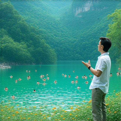 外籍英文老師在湖邊教學，探索游泳與湖南的自然美景，學生興奮地參與活動，學習湖泊知識與文化，立即預約體驗奧秘之旅。