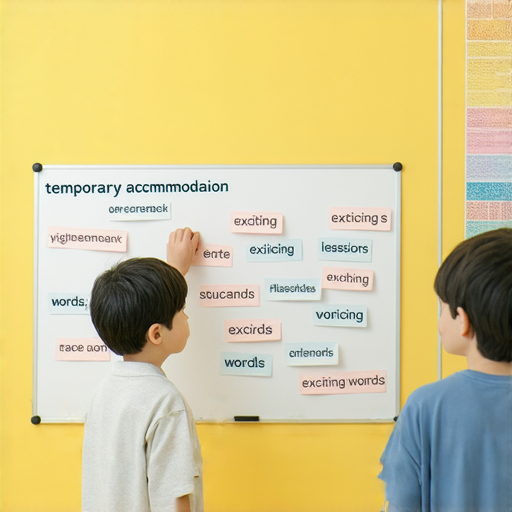 提升英文能力的學習場景，外籍老師一對一教學，學生專注學習短暫租屋及短袖上衣等精彩詞彙，營造積極成長的氛圍。