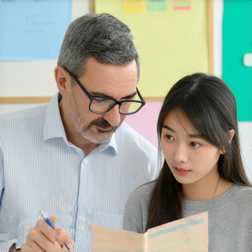 外籍英文老師在一對一教學中，指導學生如何掌握回郵地址及信封格式，幫助解決疑惑，提升英文書信寫作技巧。