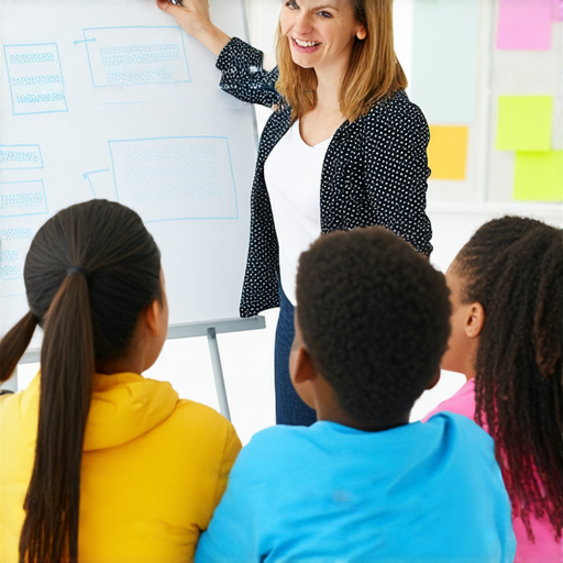 解鎖英文技能圖像，展示外籍老師與學生進行互動學習，學生專心聆聽老師的指導，強調有責任心與會話技巧，促進雙方共同進步。