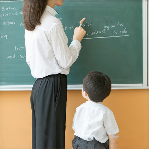 外籍老師一對一教學場景，學生聚精會神學習冷字的英語運用，黑板上寫著冷字的相關英文解釋，教室環境專業且舒適，提升學生英語能力的學習瞬間。