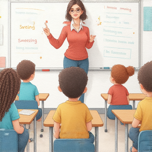 外籍老師教學畫面，學生學習日常英文表達，如打哈欠和打噴嚏，教室環境輕鬆愉快，增進英文口語能力，避免尷尬。