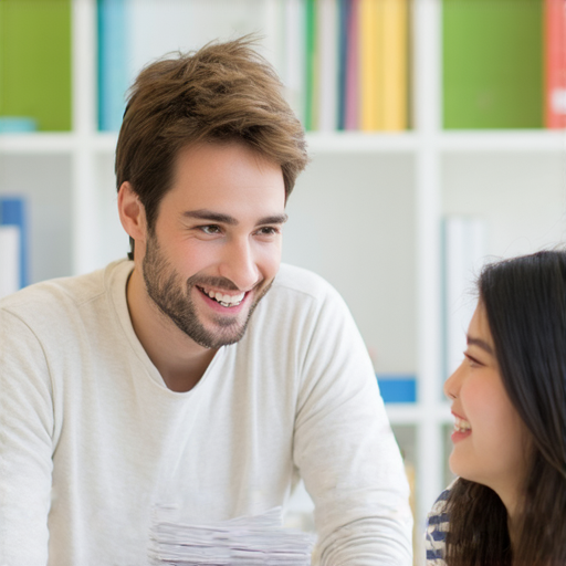 外籍老師一對一教學場景，學生與老師親切對話，提升英語口說能力，專注於出入境英文，輕鬆學習，快速掌握流利對話技巧。