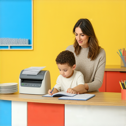 探索英文世界的圖片，展示外籍老師與學生一對一學習，背景中有碎紙機與碗碟，展現學習環境的獨特氛圍，促進英文學習效果。