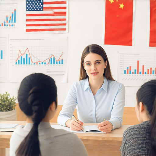 提升中英能力的圖片，展示一對一外籍老師教學情境，學員專心學習，在中美貿易戰背景下增強語言技能，助力職場競爭優勢。
