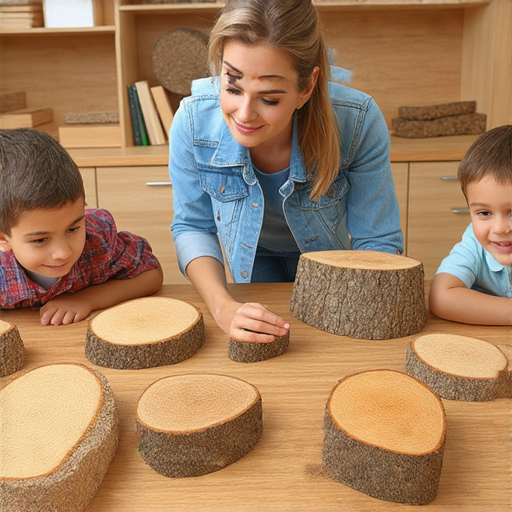 揭秘木材世界的學習場景，一位外籍老師正在輕鬆指導學生掌握木的英文，圖中展示了多種木材樣本和教學資料，強調一對一學習的互動性與趣味性。
