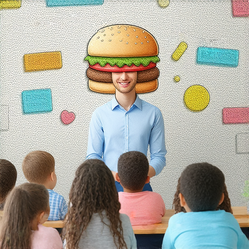 外籍老師在課堂上教導學生破解英語迷思，背景是漢堡和漫畫圖像，學生們聚精會神地參與互動學習，展現輕鬆愉快的學習氛圍。