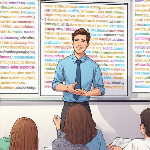 掌握英文關鍵詞，探索漸變與漫畫等詞匯，外籍老師教學情景，學生專注學習，提升英文能力，互動教學，愉快氛圍，學習英文的新方式，激發學生興趣。