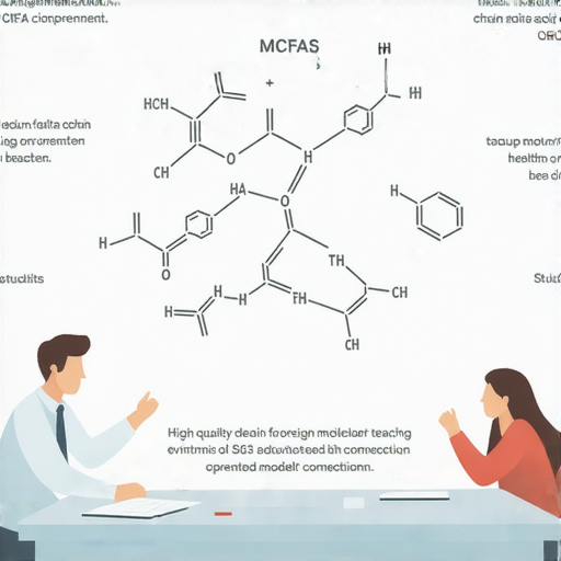 中鏈脂肪酸的結構圖，顯示其獨特的分子組成，旁邊標示中鏈脂肪酸對健康的益處，並搭配一對一外籍英文老師的教學場景，探索健康與飲食的深層關聯。
