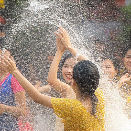 潑水節的由來與習俗介紹圖，展示潑水的傳統活動，參與者快樂地互相潑水，背景為節慶裝飾與活動現場，強調潑水英文與教師教學服務的關聯。
