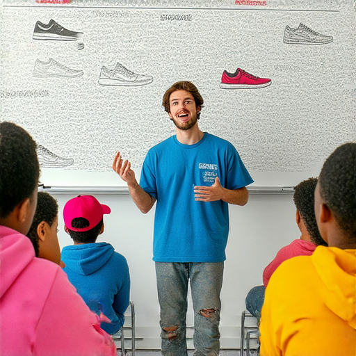 外籍英文老師在教室中教授潮牌與潮流用語，學生們聚精會神地學習，背景展示各種流行潮流元素，強調掌握流行文化的重要性，報名學習活動的宣傳。