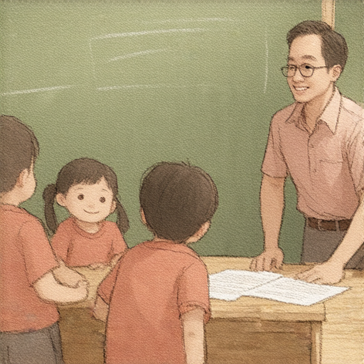 外籍老師在潮濕天氣中教學生英文表達技巧，強調精準表達的重要性，場景展現學習氛圍及互動，搭配相關學習用品，探索潮濕氣候下的英語溝通秘訣。