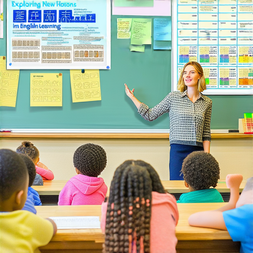 探索英語新境界的海報，展示外籍老師在輕鬆的學習環境中指導學生，掌握中學畢業英文的課程介紹，強調互動學習與文化交流的樂趣。