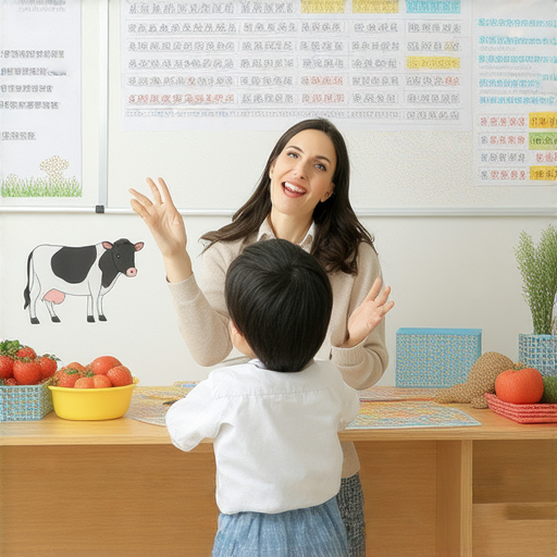 一位外籍老師正在教授學生英文，桌上擺放著與小腿、小船、小菜相關的教學道具，學生專心聆聽，學習變得生動有趣，提高英文能力的最佳選擇。