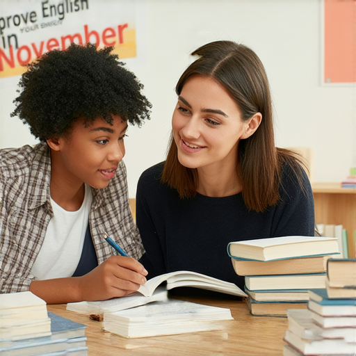 外籍老師一對一教學場景，學生積極參與，桌上有筆記本與教材，背景顯示「在 11 月 提升英文」的字樣，強調透過專業指導增進英語能力。