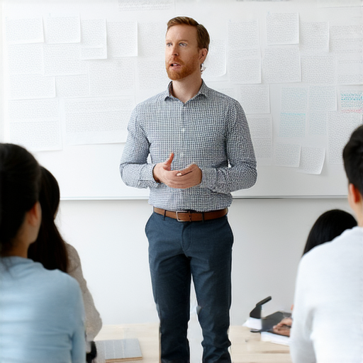 一位外籍老師正在教授學生投影與投放英文技巧，學生專注聆聽，以提升商業競爭力，教室內環境專業且氛圍良好，展示一對一教學服務的效果。
