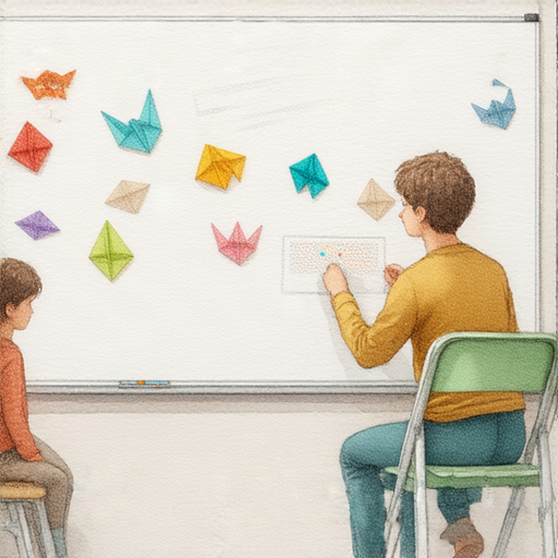 折疊椅與折紙藝術的結合，外籍老師一對一教學，學習趣味英文技巧，白板上展示折紙作品，學生專心參與創作，提升英語溝通能力，創造獨特的學習體驗。