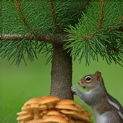 發現松樹的秘密，松茸與松鼠的英語學習，提升英文能力，圖中展示松樹、松茸和活動中的松鼠，彰顯自然的奇妙和語言學習的樂趣。