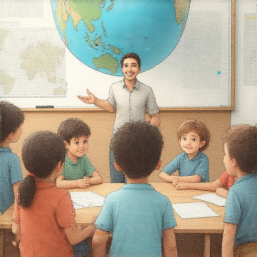 外籍老師帶領學生探索地球奧秘的場景，涵蓋地理知識與地產代理，啟發英文學習之旅，學生們輕鬆愉快地參與課堂互動，增強語言能力。