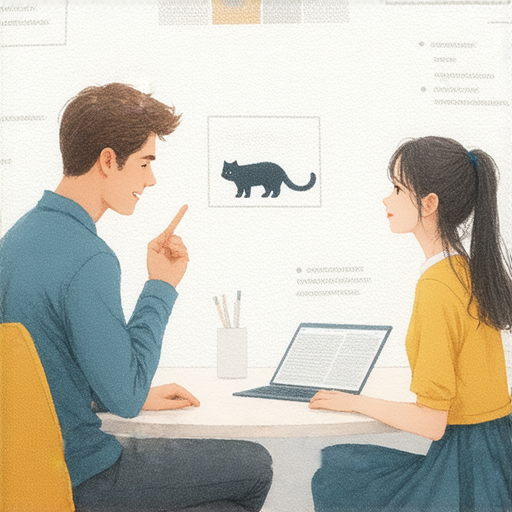 一對一外籍老師教學場景，學員專心學習英語，背景有林文燦及果子狸的插圖，強調探索英文的無限可能，提升英語能力的練習氛圍。