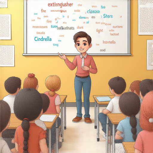 外籍老師在課堂上介紹英語單字，從滅火器到灰姑娘，學生們聚精會神地學習，每個單字都展現出獨特的魅力，激發對英語學習的興趣與熱情。