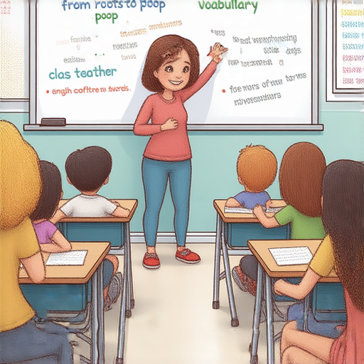 外籍老師在教室內教授學生有關英語單字的知識，主題為從屋頂到屎，強調單字的多樣性與用途，學習氣氛輕鬆活潑，鼓勵一對一交流。