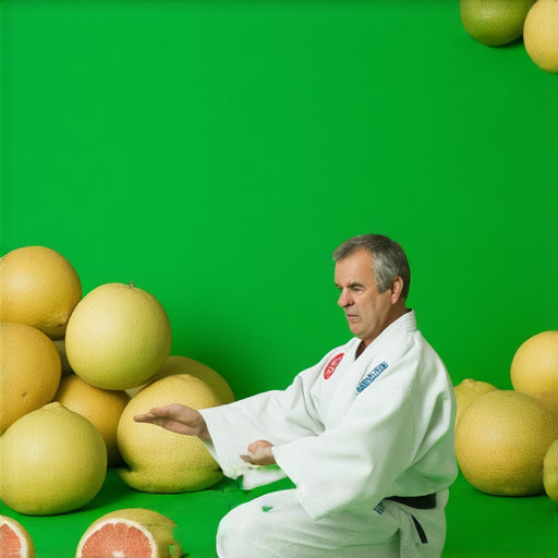 外籍英文老師一對一教授柔道與柚子文化的繽紛課程，學生專注練習柔道動作，背景中有新鮮的柚子擺設，展現兩者的神秘結合，探索融合武道和飲食的獨特體驗。