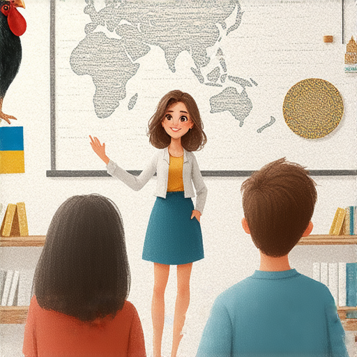 外籍老師在教室中教授英文，背景展示烏骨雞和烏克蘭的元素，象徵文化差異，探索烏骨雞到烏克蘭的旅程，讓學習英文的方式變得多樣化。